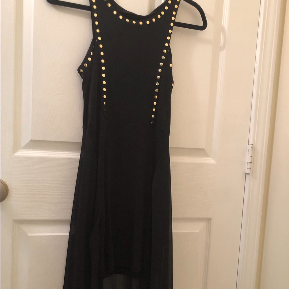 Black high-low mesh halter dress with gold studs